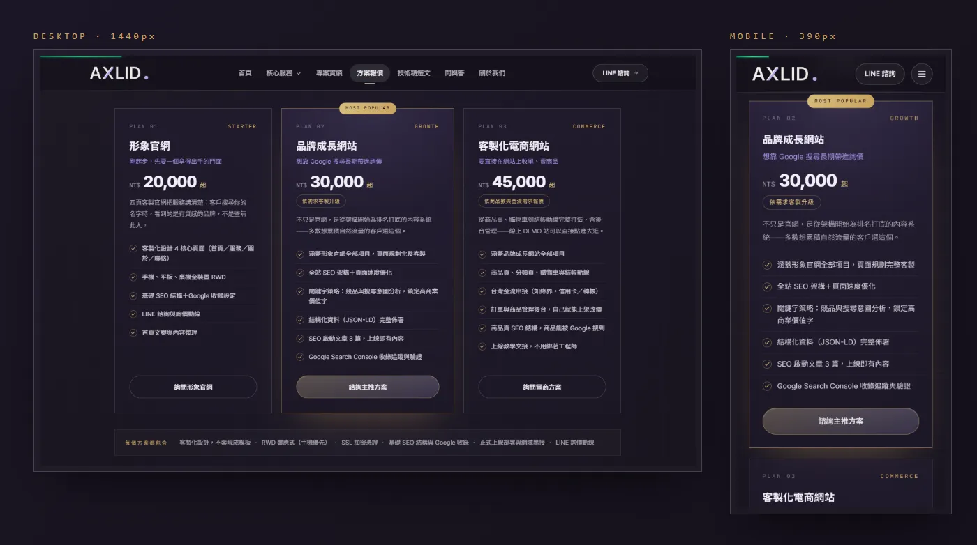 RWD 版面重排實例:報價頁三欄方案卡在手機上自動變成單欄直排